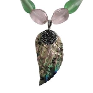 Elegant Pink & Green Beaded Necklace & Earring Set with Abalone Shell Pendant